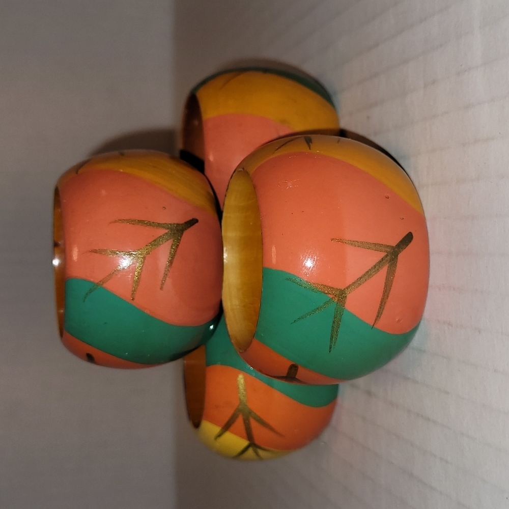 Gorgeous Set of 4 Hand Painted Wooden Napkin Rings.